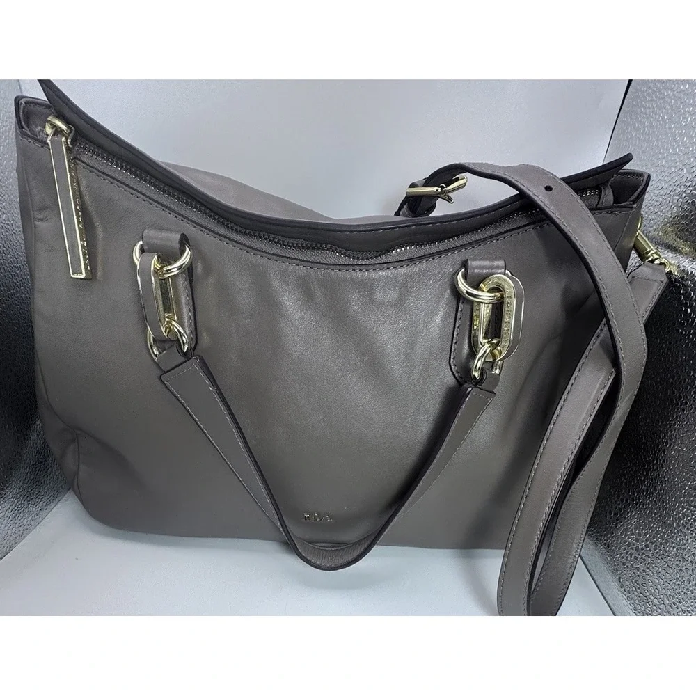Lauren Ralph Lauren Bramfield Carlene Satchel Bag Beige Supple Leather‎ Gold HW